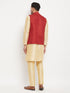 Vastramay Men's Maroon Matka Silk Nehru Jacket With Gold Silk Blend Kurta and Pant style Pyjama Set